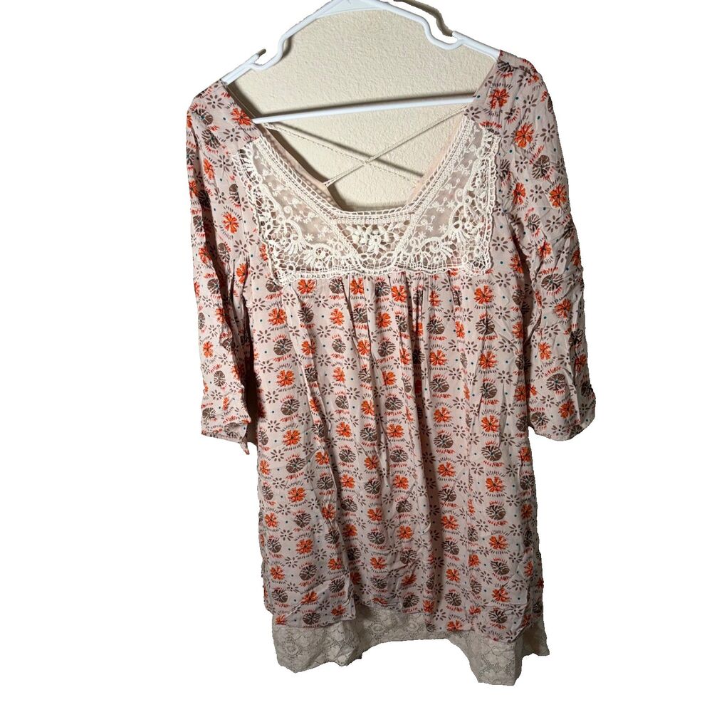 Umgee Dress Women's Small Lace 3/4 Sleeve Shift Boho Casual Cottage Cage